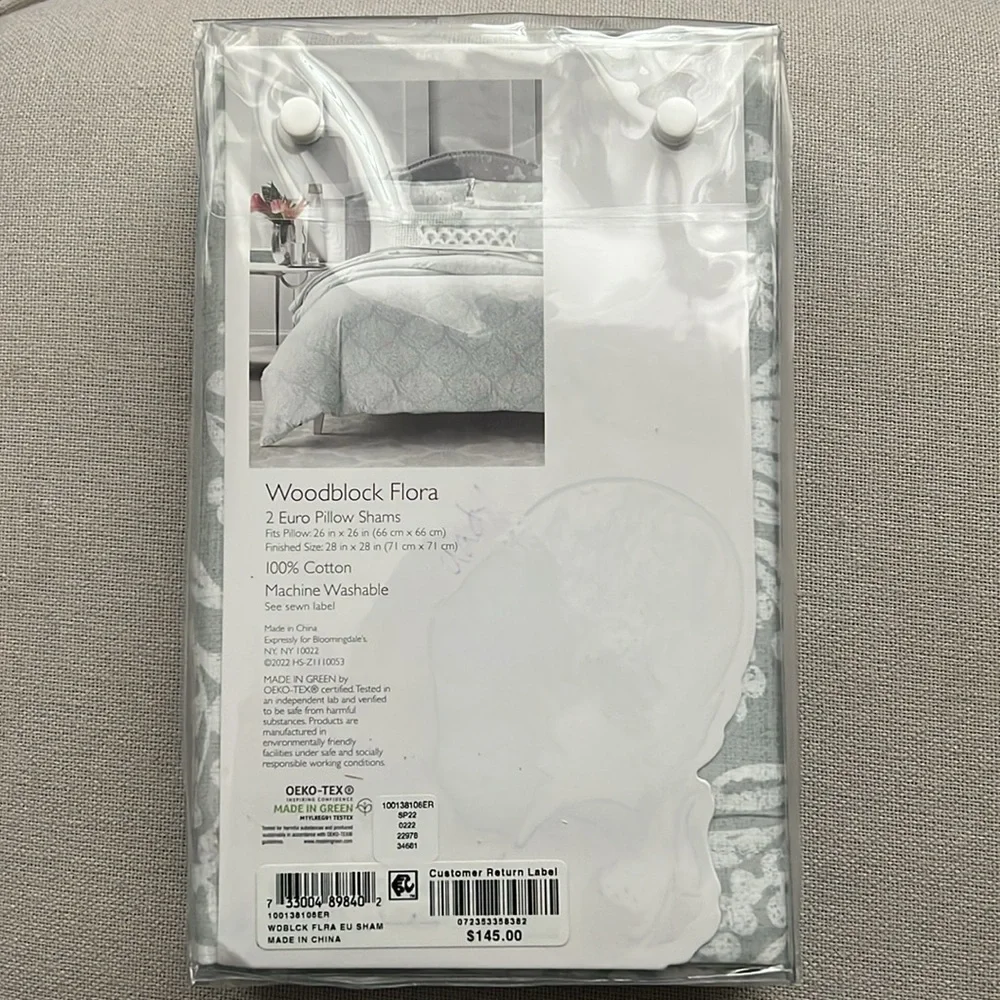 2 Sky Woodblock Flora Euro Shams in Grey/White, New w/Tag $145